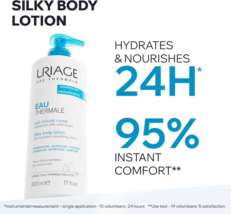 Loção Corporal Sedosa Uriage Eau Thermale, loção corporal sedosa para pele seca e sensível.