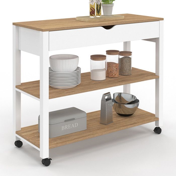 Carrito de cocina IDMARKET PENH XXL con cajón y encimera blanca, estantes efecto haya, 100 cm de largo.