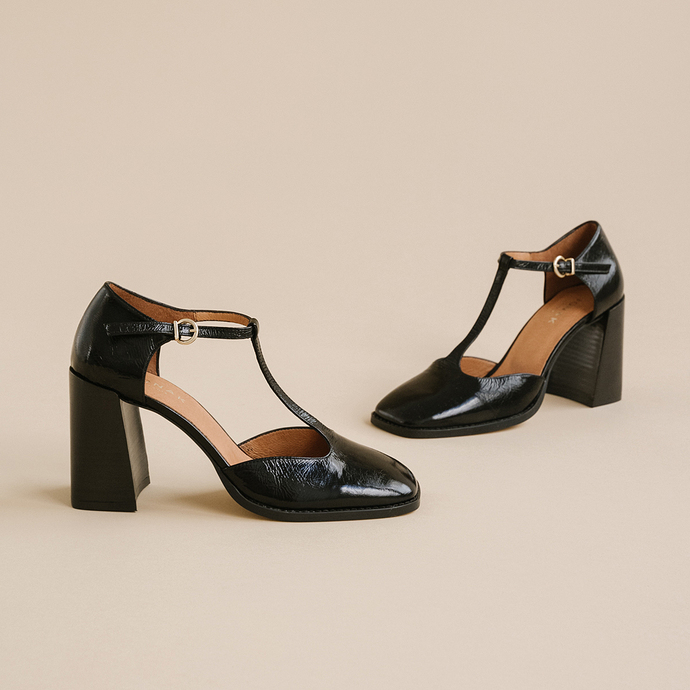 Salomés à talons hauts et bouts carrés a...  en cuir brillant noir