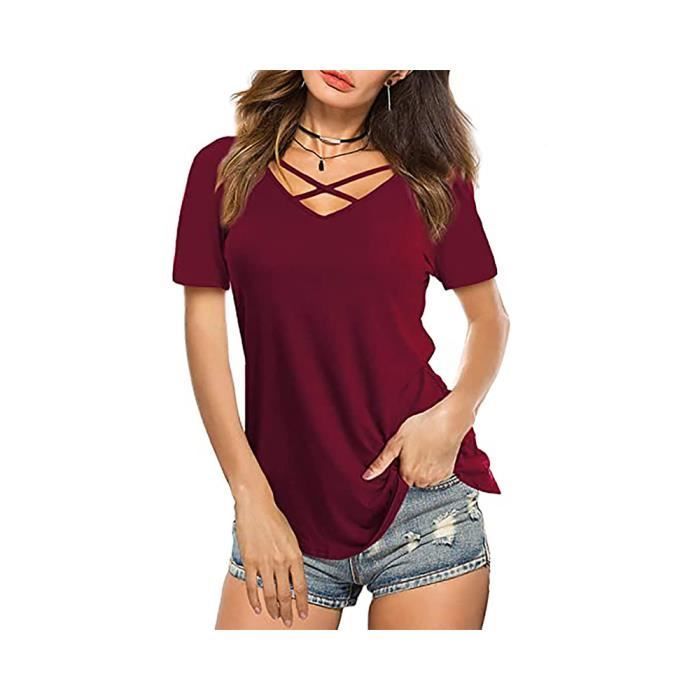 Camiseta de mujer - FONDUPIN - Camiseta sexy de verano - Rojo vino - Manga corta - Cuello en V