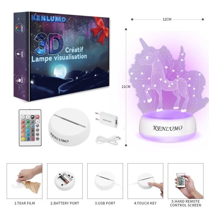 KENLUMO Lampe Licorne Noël Enfant Cadeau Lampe de chevet LED télécommande Touchez pour changer de couleur decoration chambre fille