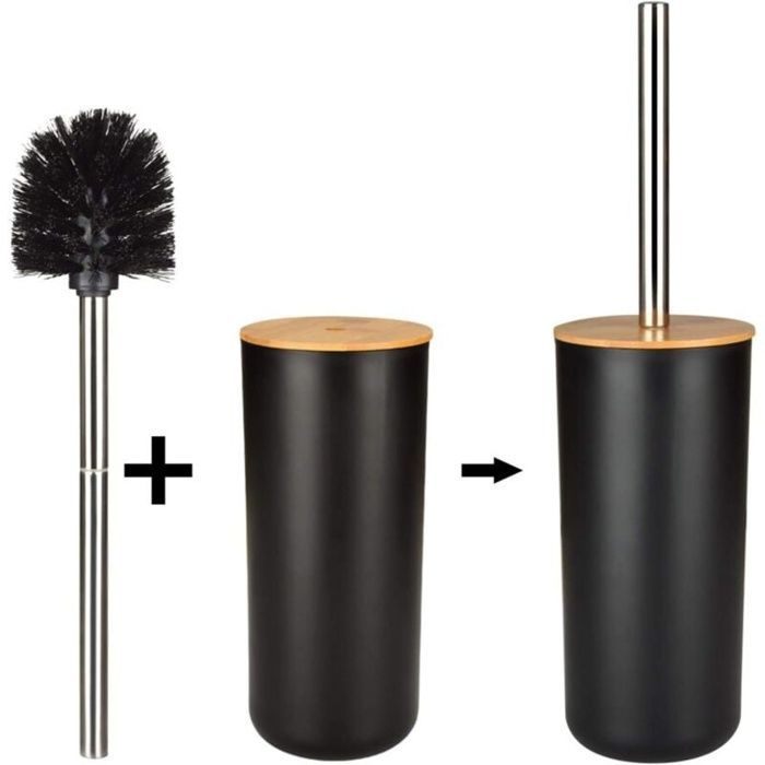 Set di accessori per il bagno: portaspazzolino in bambù, piano d'appoggio in legno autoportante, dispenser di sapone, scopino per WC (nero)