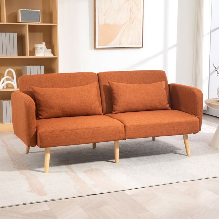 Dreisitzer-Schlafsofa mit Klick-Klack-Mechanismus, verstellbarer Rückenlehne und verstellbaren Armlehnen, brauner Stoff in Leinenoptik