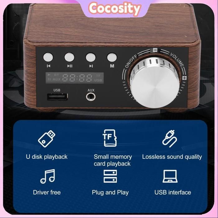 Amplificador de audio estéreo HiFi Cocosity Mini de 2 canales y 50 W con Bluetooth 5.0 y entrada USB.