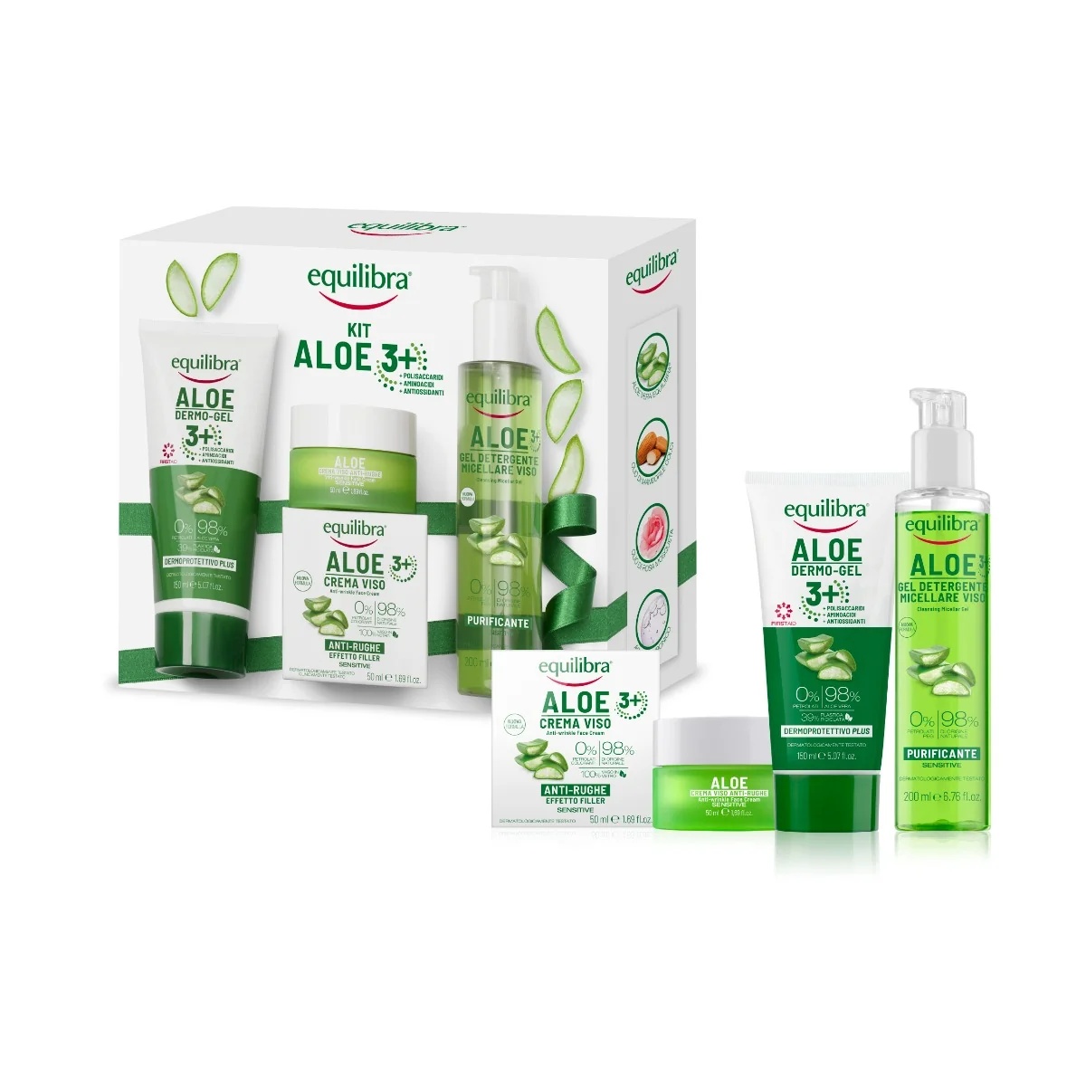 Equilibra huidverzorgingsset: Equilibra Aloë 3+ Dermoprotectieve Gel Plus 150 ml + Anti-rimpel gezichtscrème met opvullend effect 50 ml + Micellaire reinigingsgel 200 ml