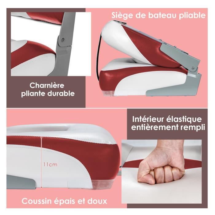 Asiento plegable para barco de 2 piezas COSTWAY con respaldo, correa de fijación larga, tornillos de acero inoxidable, espuma gruesa, color rojo.