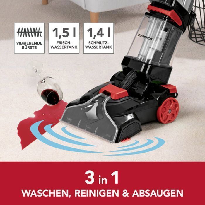 Carpet cleaner - CLEANmaxx - Professional - 3 in 1 - Vibrating brushes - Quick drying - Grey/Red