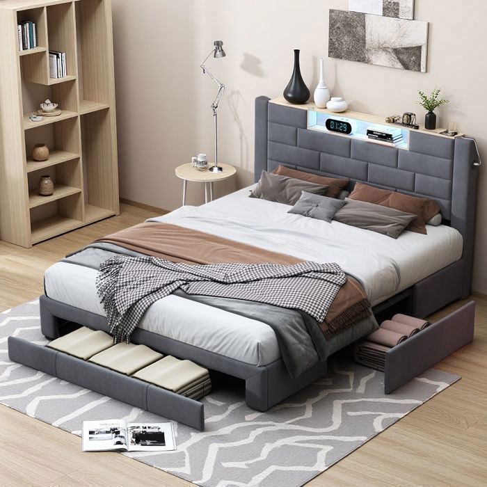 Cama de 140x190 cm - TANANT - Cama para adultos con iluminación LED - 3 cajones - Tapizado en terciopelo gris - Cama doble