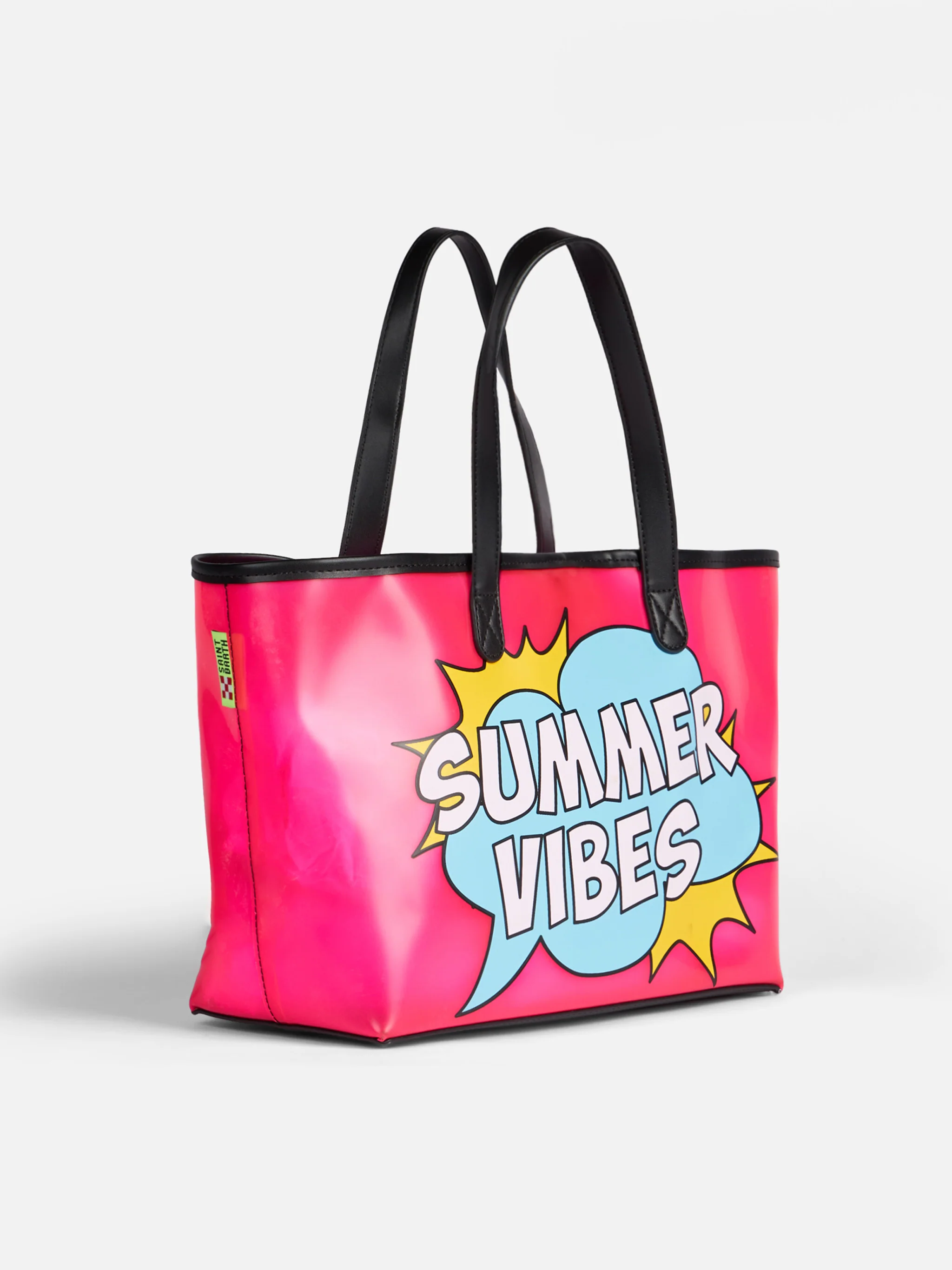 Roze transparante PVC strandtas met Summer Vibes-print.