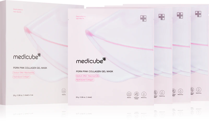 Máscara de gel de colágeno rosa PDRN da medicube: máscara firmadora e lifting com colágeno.