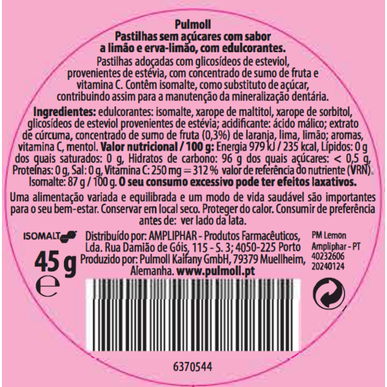 Pulmoll Bonbons bez cukru citronové pastilky s vitamínem C pro zklidnění krku citron 45g 45g