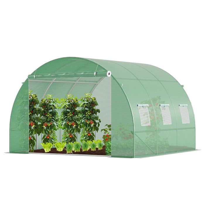 Serre de jardin tunnel - VOUNOT - 9m² Vert - Acier galvanisé - Fenêtre anti-moustiquaire, porte enroulable, barre anti-tempête