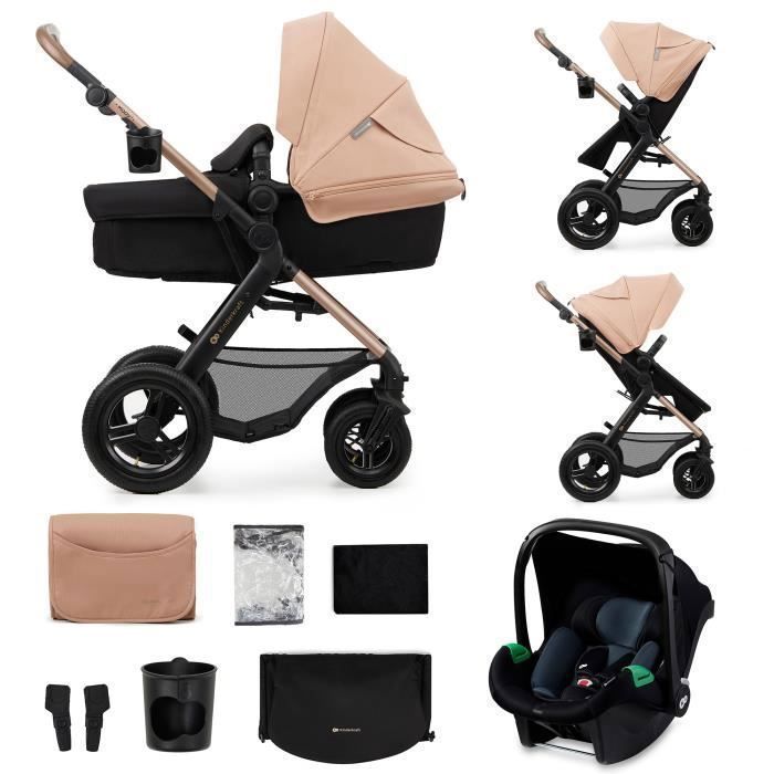 Poussette 3 en 1 Combinée Kinderkraft MOOV2 AIR, Système de voyage de la naissance à 27 kg, Siège auto Mink PRO I-Size inclus, Beige