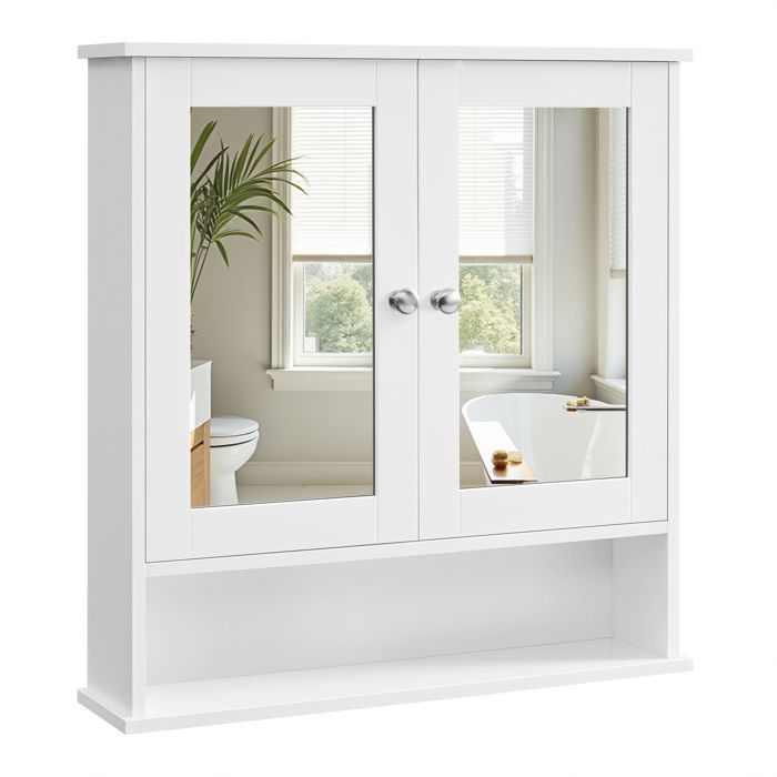 Mobiletto da bagno a parete con 2 ante e specchio - VASAGLE - Bianco - 56 x 13 x 58 cm