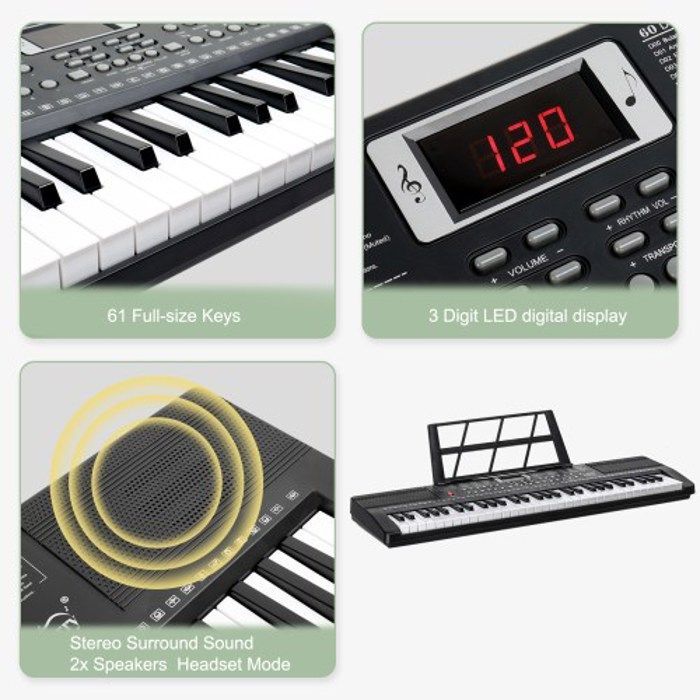 Teclado de piano de 61 teclas, con soporte y banqueta, 200 timbres, 200 ritmos, 60 canciones de demostración.