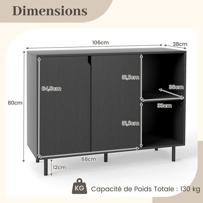 Buffet de Cuisine 106cm COSTWAY, 2 Portes, Etagères Réglables, Kit Anti-basculement, Meuble de Bar à Café pour Salle à Manger, Noir