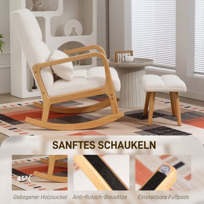 MEUBLES COSY Fauteuil à bascule avec repose-pieds, revêtement polaire blanc, dossier haut et structure bois naturel