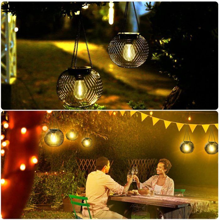 Set of 2 outdoor solar lanterns, waterproof, for hanging, for garden or tree decoration. Retro style.