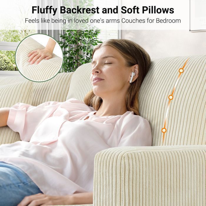 Sofá de 2/3 plazas en pana beige, estilo escandinavo, con 2 cojines y 2 almohadas para salón, 178×76×84cm