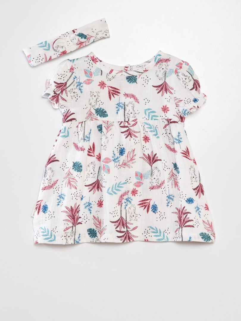 Jurk van katoengaas met print 'Petit Béguin' + hoofdband - BEIGE