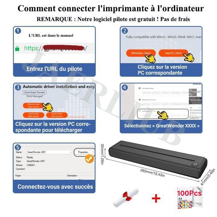 Stampante Bluetooth con 100 fogli di carta A4 (210 x 297 mm), stampante termica, compatibile con Android, iOS e Windows.