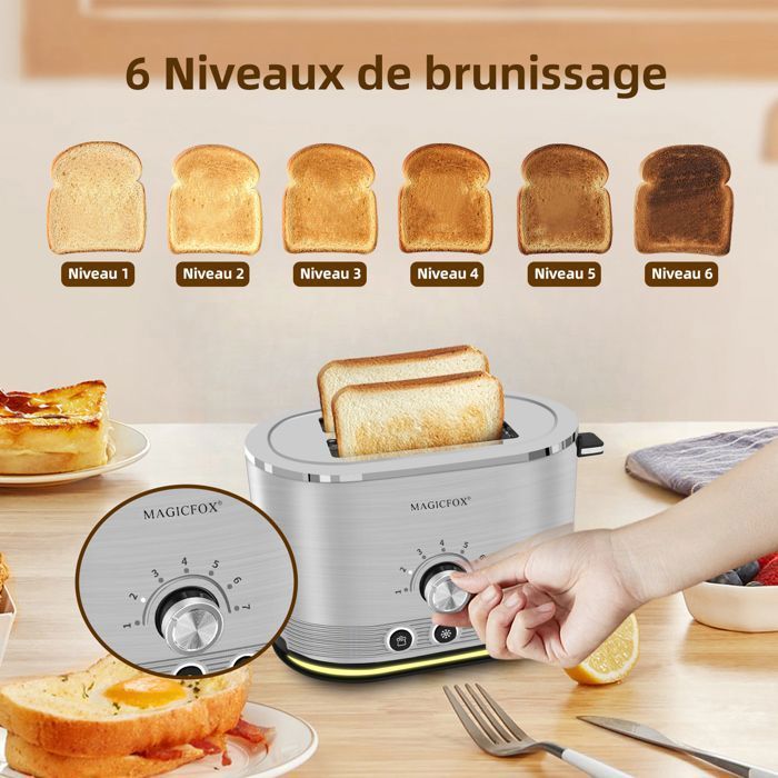 Grille-pain MAGICFOX 2 Fentes 850W Décongélation Réchauffage, Éjection Automatique, Boîtier inox et Lumière LED en bas