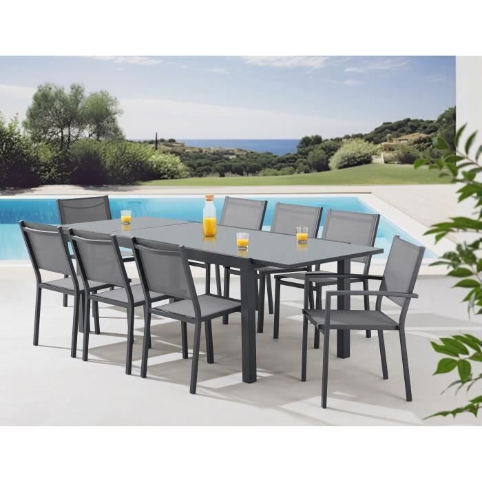 Ensemble repas de jardin 6 à 8 personnes : Table extensible 180-240 cm + 2 fauteuils + 6 chaises - Gris