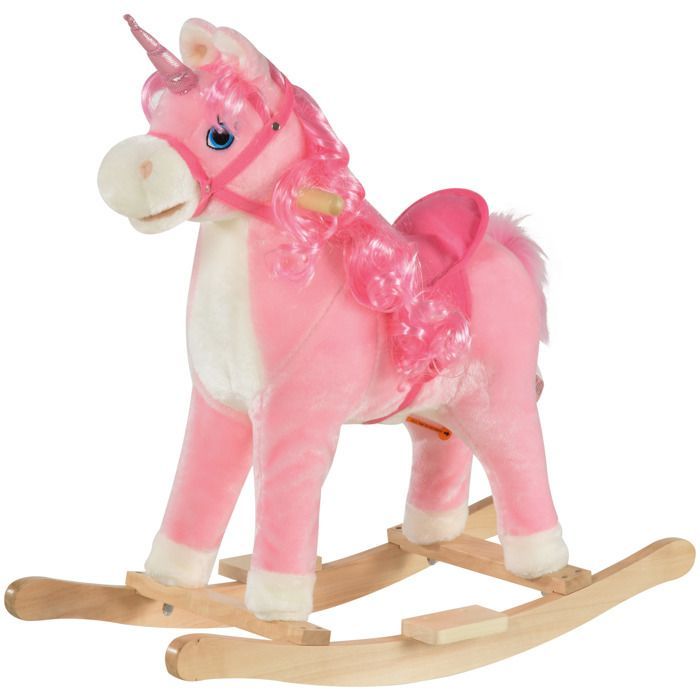 Cheval à Bascule HOMCOM modèle Licorne avec Sons Authentiques Selle Grand Confort Bois de peuplier Rose dim. L74 x l33 x 62H cm