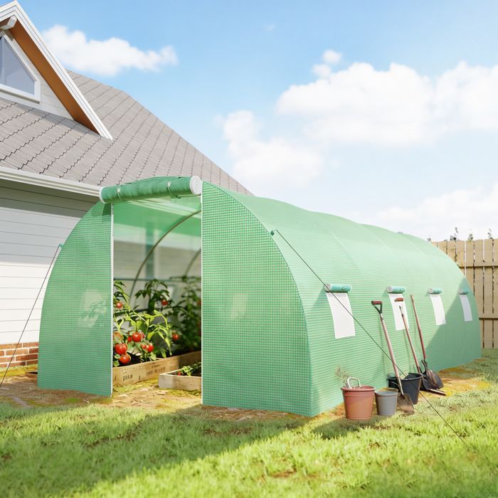 Outsunny Tunnelgewächshaus – 18 m², 8 Fenster, Reißverschlusstür, verzinkter Stahlrahmen, PE-Abdeckung – 6 x 3 x 2 m – grün