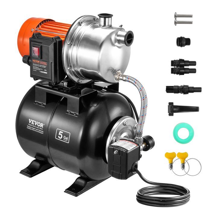 Groupe de Surpression-VEVOR-735 W-Pompe de Puits Peu Profonde avec Réservoir sous Pression 19 L, 3785 L/h-pour Pelouse, Jardin