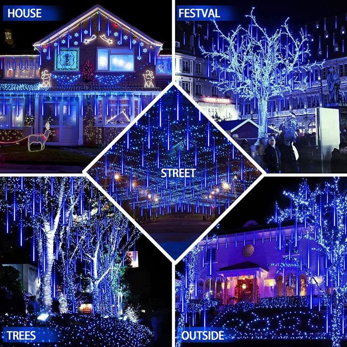 Guirnalda de luces navideñas con efecto lluvia de meteoritos, 8 tubos de 30 cm, LED impermeables para bodas, hogar, árbol y jardín – AZUL