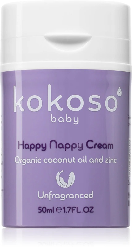 Kokoso Baby Happy Nappy Cream, bez smaržvielām aizsargājošs krēms pret autiņbiksīšu izsitumiem.