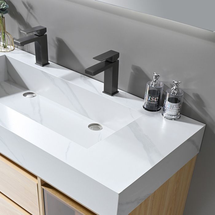 Mueble de baño LuxuryBain de 120 cm con doble lavabo, acabado en madera y efecto mármol blanco, con espejo LED (LB-8512).