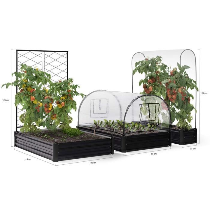 IDMARKET Kit complet 3 bacs métal modulables carrés potager et serre à tomates + treillis + housse