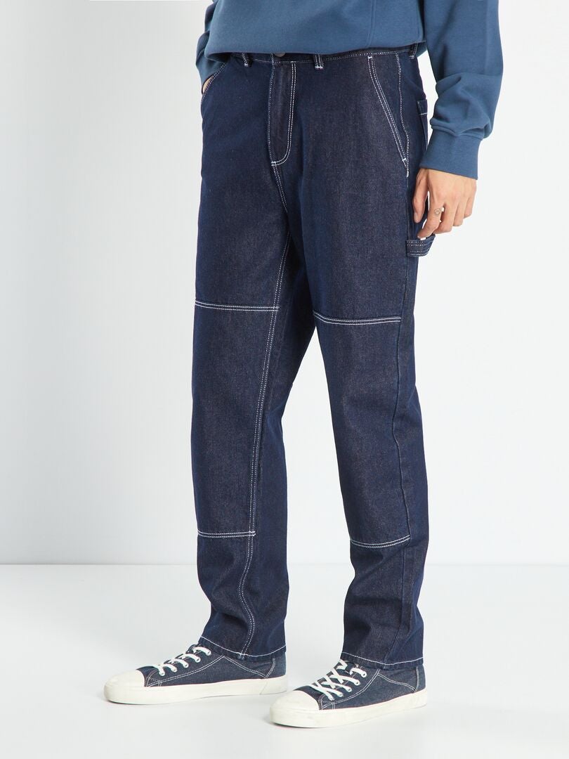 Calça jeans de perna larga com costura contrastante - AZUL