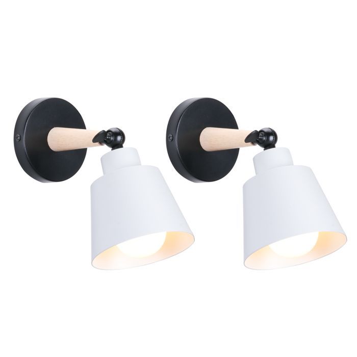Wall light - SMOTOP - Matte white - 2 x E27 adjustable - Metal and wood, Scandinavian style