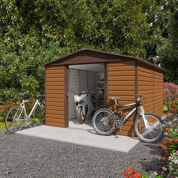 Caseta de jardín metálica Yardmaster de 10,46 m² con acabado efecto madera + kit de anclaje