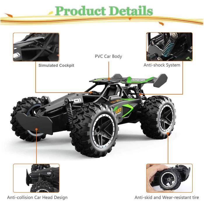Coche teledirigido - RC - Camión 2WD - Más de 15 km/h - 2 baterías recargables - Verde