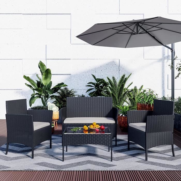 Garden furniture set | Wicker-look resin | 4 people | with 2 armchairs, 1 sofa and 1 table | Black