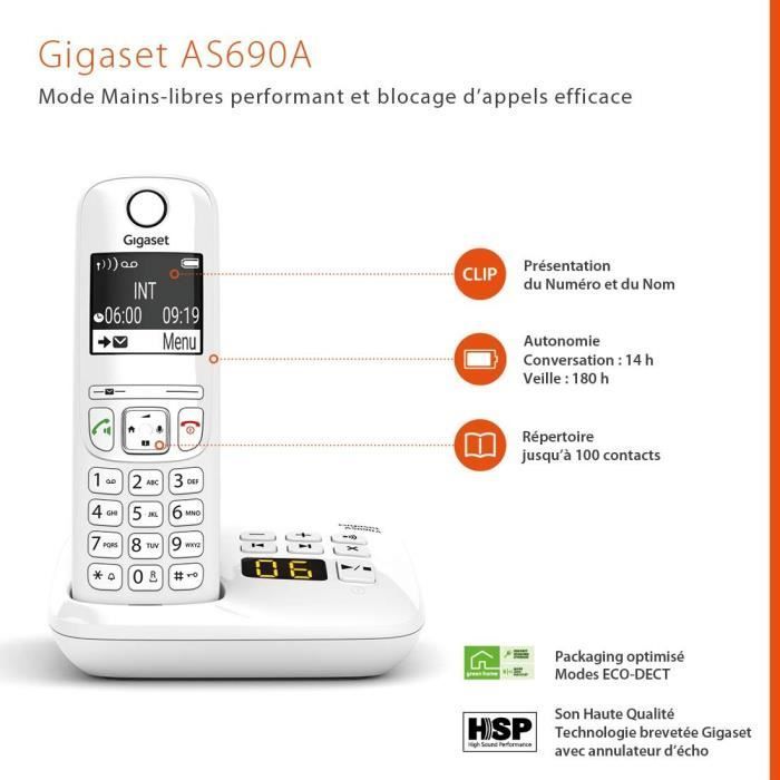 AS690 A White Cordless Phone - GIGASET - Cordless with Answering Machine - Hands-free - Caller ID