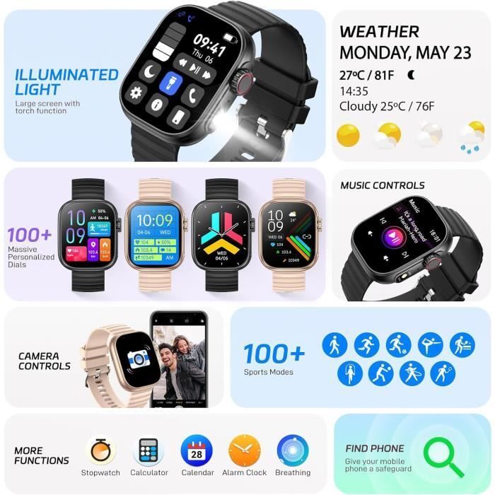 Multifunctionele smartwatch voor mannen en vrouwen, 2,01 inch scherm, activiteits-/gezondheidsregistratie, meer dan 100 sportmodi, IP68 waterdicht, voor Android en iOS