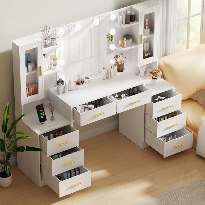Grande Coiffeuse avec Miroir LED, 2 Prises et Ports USB, 8 Tiroirs de Rangement, Adultes et Enfants, 150×40×135cm