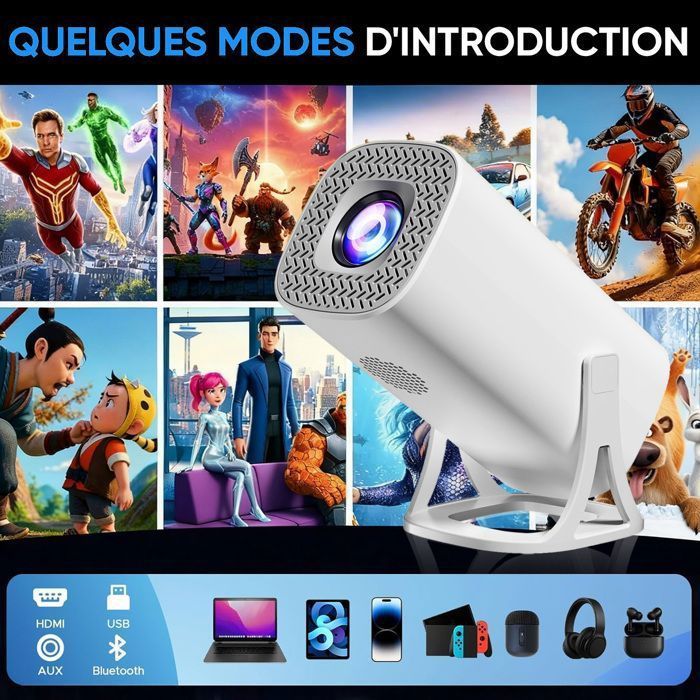 Mini projetor de vídeo, compatível com Android, suporta resolução 4K e 1080p, possui Wi-Fi, Bluetooth 5.0 e correção automática de distorção trapezoidal.