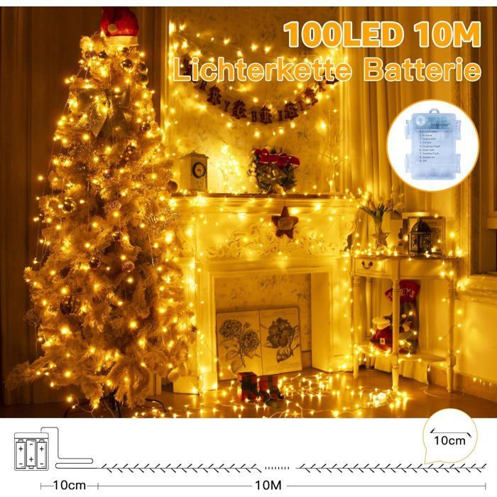Guirlande Lumineuse Extérieure Batterie, 8M 100 LED Guirlande Lumineuse Sapin de Noël, Lumières de Noël étanches à l'extérieur