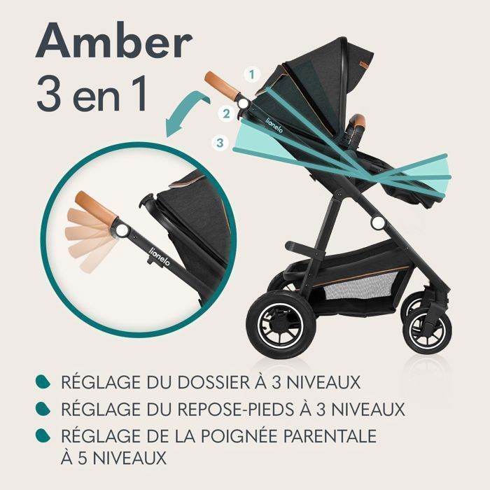 LIONELO Amber 3-in-1 Combination Stroller - Stroller Pack, Carrycot, Car Seat, Bag and Accessories - Black/Silver