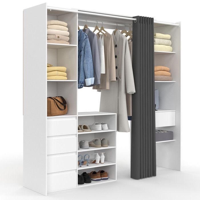 IDMARKET Dressing extensible double XXL MERYL 120/180 cm blanc avec tiroirs + étagères + penderie + rideau gris