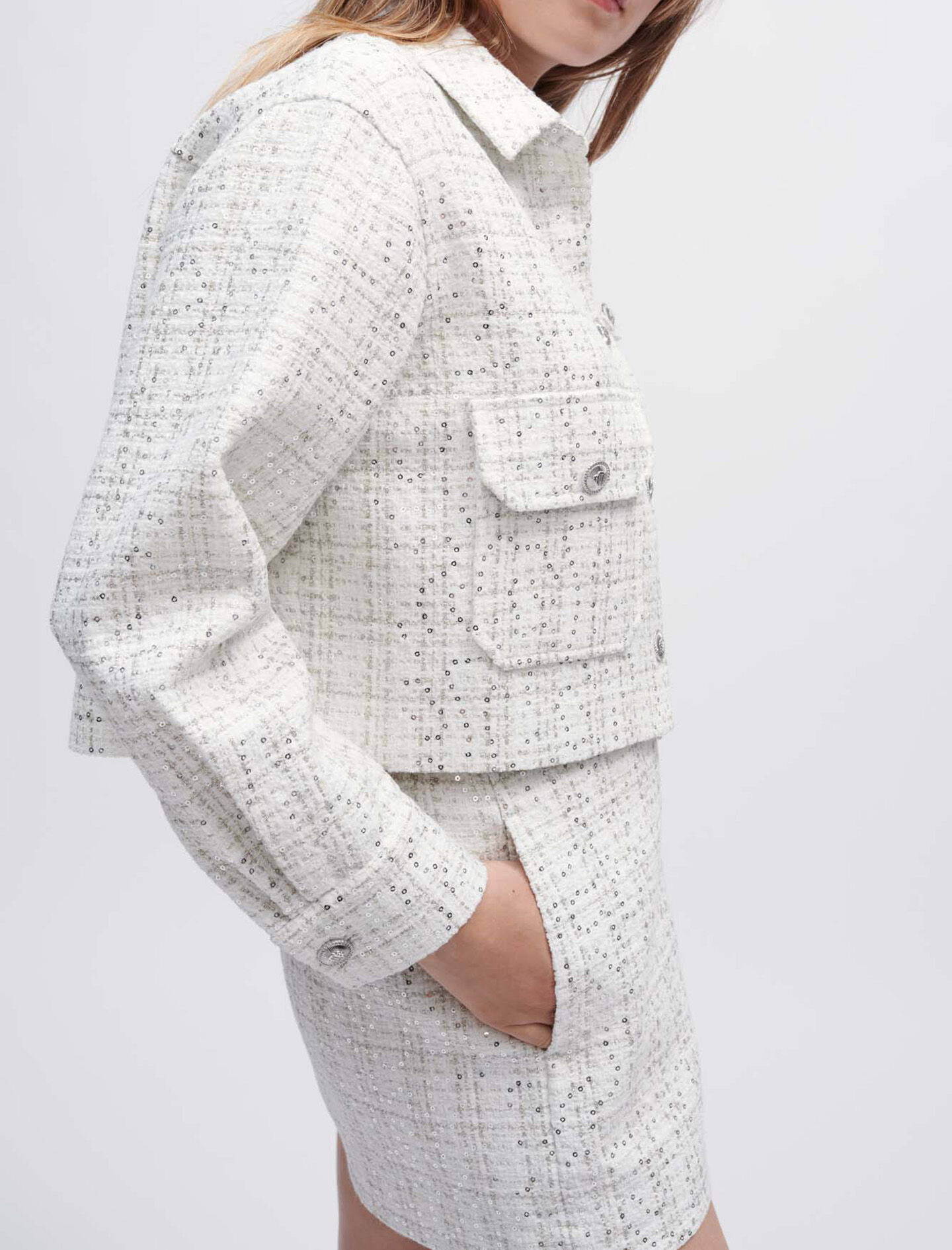 Ruwe tweed blouse met pailletten - Wit