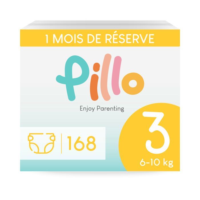 Pillo Couche Taille 3 - Lot de 168 Couches, 6 Paquets de 28 Couches Bébé Taille 3 - Midi (6-10 kg) - Couche Bebe
