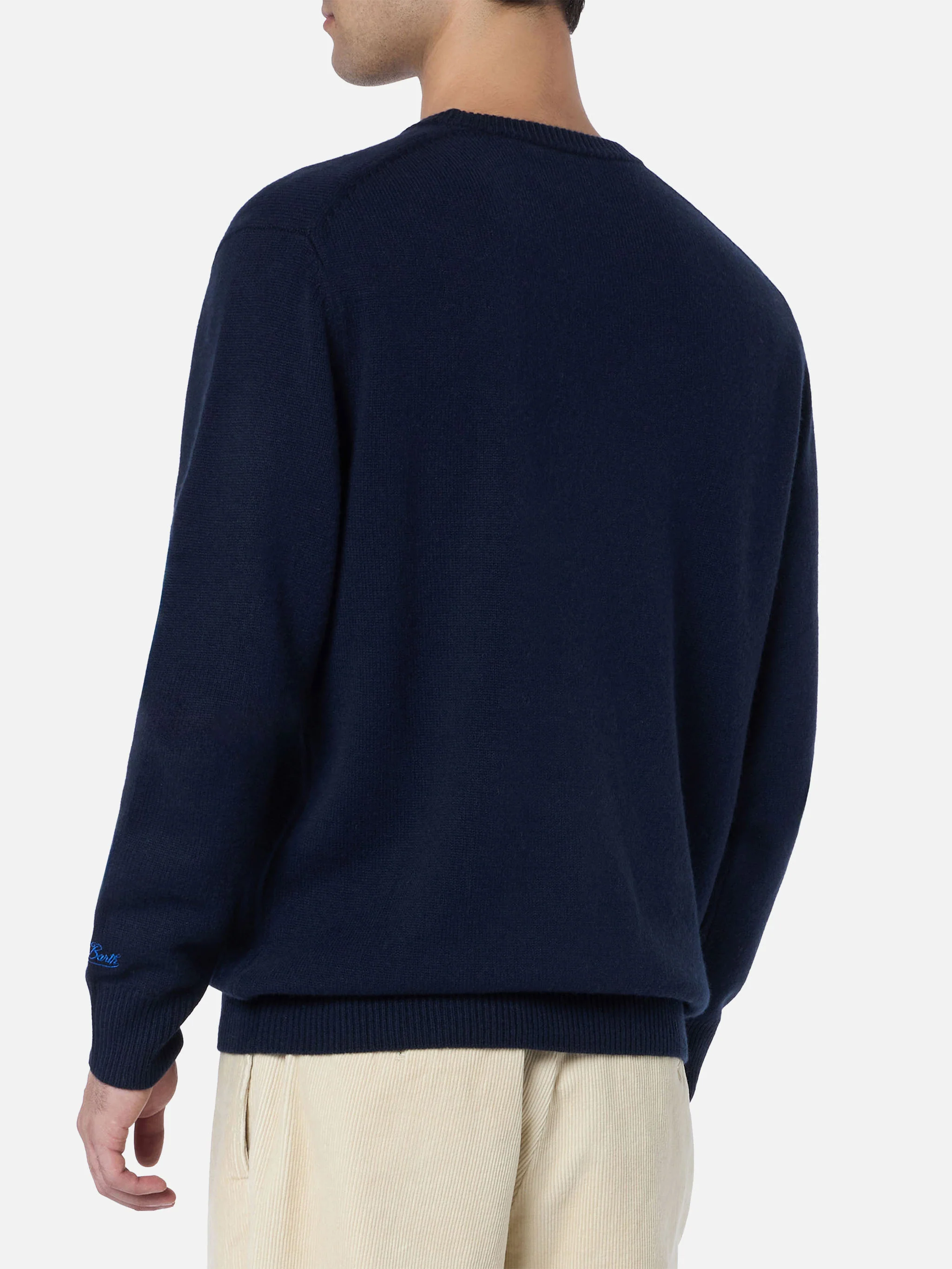 Heron Blue Crew-Neck Sweater | Ribbed Collar, Cuffs, & Hem | St Barth Logo Embroidery on Cuff | Weekend Be Gin Jacquard | MC2 Saint Barth