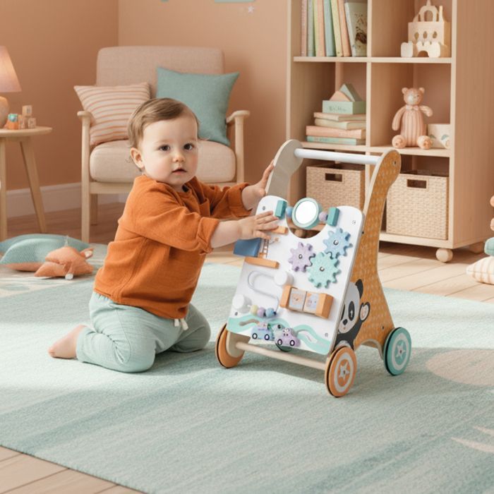 Wooden Baby Walker for Ages 12 Months and Up with Play Panel, Rotating Wheels, Maze, Mirror, and Accessories